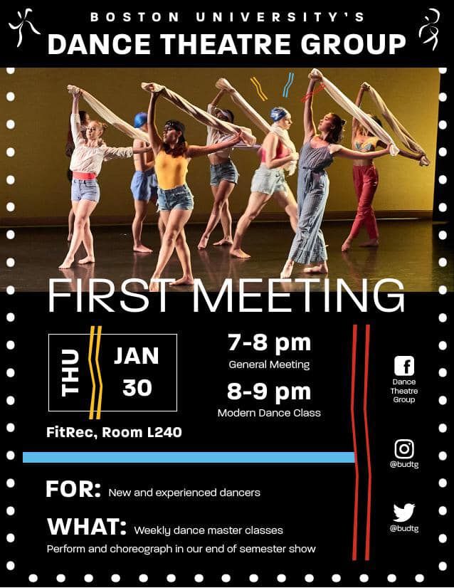 BUDanceProgram's tweet photo. One week from today is @BUDTG's first meeting of the semester! On January 30th, join DTG at their general meeting from 7-8pm and following after from 8-9pm is a Modern dance class with Micki Taylor-Pinney! Come see all that they have to offer! @FitRec #JointheFun #BUDance #BUDTG https://t.co/luDRBA6D55