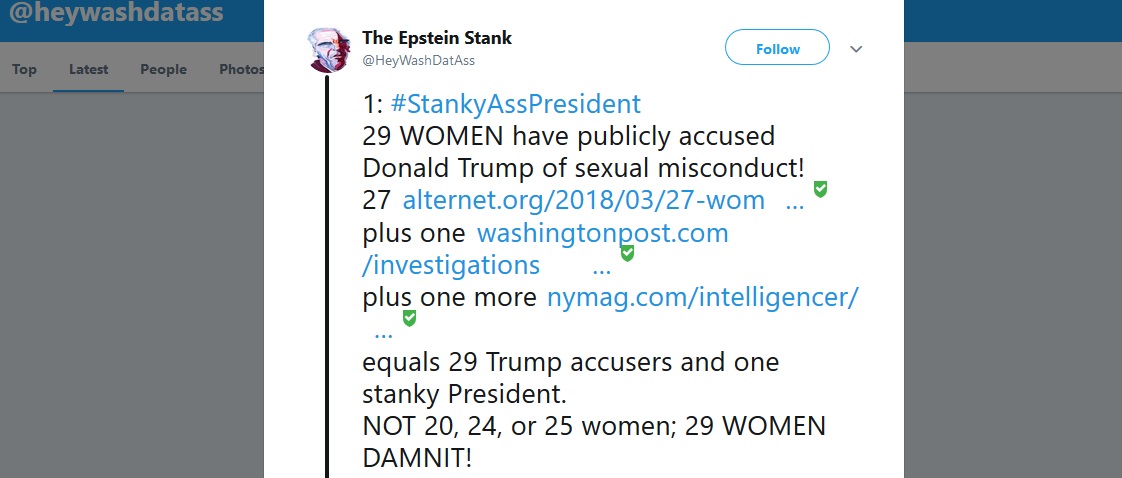 HeyWashDatAss's tweet photo. 1: #StankyAssPresident
29 WOMEN have publicly accused Donald Trump of sexual misconduct!
THREAD: https://t.co/FqX3pjBQPn
NOT 20, 24, or 25 women; 29 WOMEN DAMNIT!
It looks like #MeToo only goes so far against #StankyRichPeople &amp; #StankyCelebrities doesn't it. https://t.co/dVjv4X6xg5