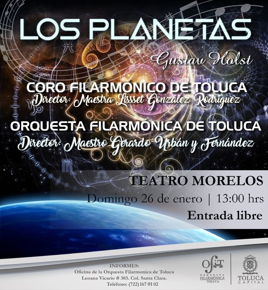 TolucaGob's tweet photo. ¿Estás listo para el primer concierto del año? Acompáñanos a disfrutar de la maravillosa obra de Gustav Holst "Los planetas". Domingo 26 de enero a las 13:00 horas.
ENTRADA LIBRE Y GRATUITA (NO BOLETOS)
¡Será una experiencia de otro planeta! #TolucaCapital #JuntosEsPosible https://t.co/oqDavqU50C