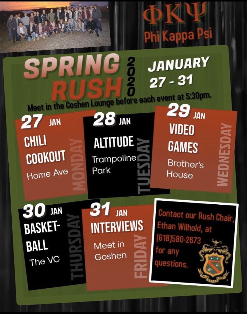 Spring recruitment is next week! Make sure to come to our rush events and meet the men of Phi Kappa Psi. Meet in the Goshen Lounge in the MUC at 5:30 before all events. See you then! #RushPhiPsi