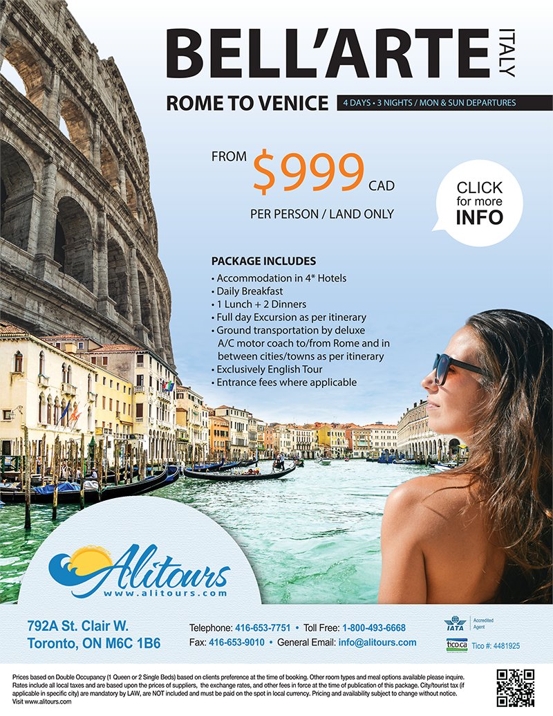 Alitours's tweet image. Rome to Venice - BELL"ARTE Tour in Italy
For more info see alitours.com or call 416-653-7751.
#italy #europe #rome #vacation #tour #freedom #carrental #hotel #life #alitours #touroperator #toronto