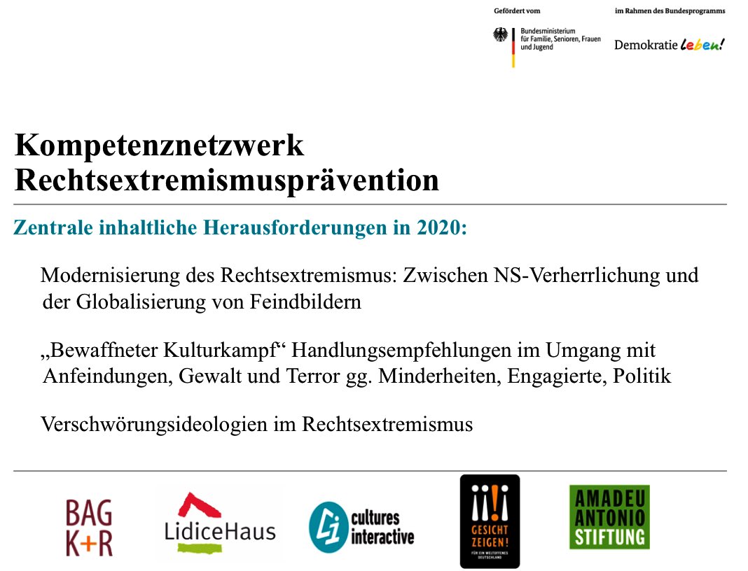 AmadeuAntonio's tweet photo. Zentrale inhaltliche Herausforderungen in 2020 für #KomPREX:
- Modernisierung des Rechtsextremismus: Zwischen NS-Verherrlichung und der Globalisierung von Feindbildern
- Handlungsempfehlungen im Umgang mit Anfeindungen und Gewalt
- Verschwörungsideologien im Rechtsextremismus https://t.co/wCdCIN2tXF