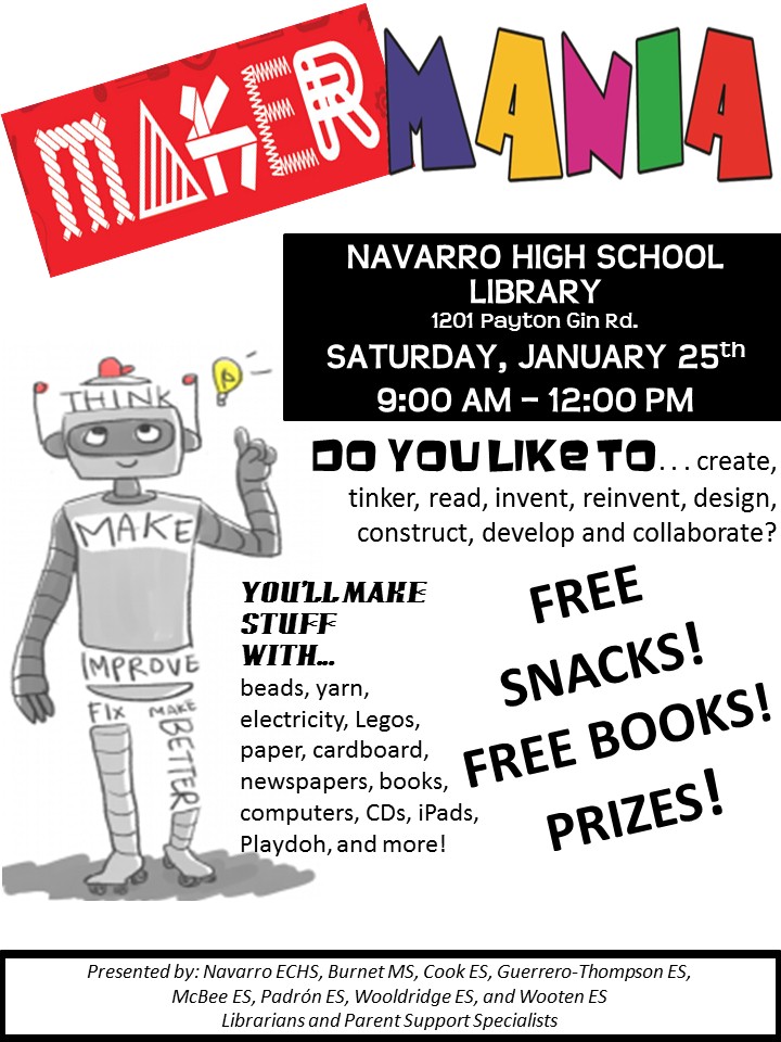 PadronLibrary's tweet photo. Vengan todxs a #celebrarhacedores este sabado, #mejordia #gratis the best day of the Spring semester is #makermania this Saturday #freefuninaustin #allarewelcome #AISDproud #NavarroLibrarians #NavarroPSS @AustinISD @AustinISDLibs https://t.co/9aESmOPK58