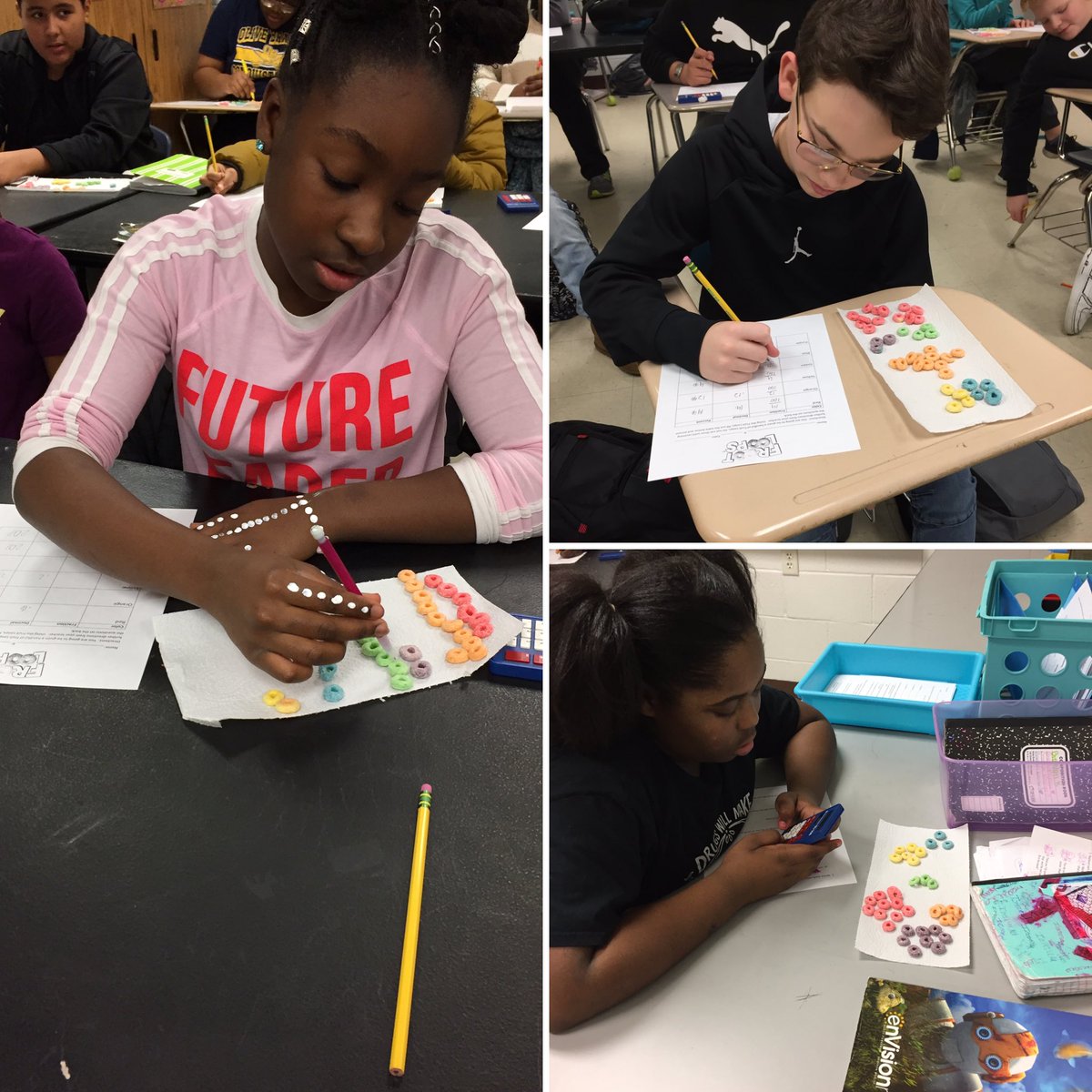 6jollymath's tweet photo. We’re Fruit Loops for fractions, decimals, percents and ratios in 6th grade. ⁦@OBMSPride⁩ #raisethebar #theplacetOBe #teamDCS https://t.co/KirSFvKFqP