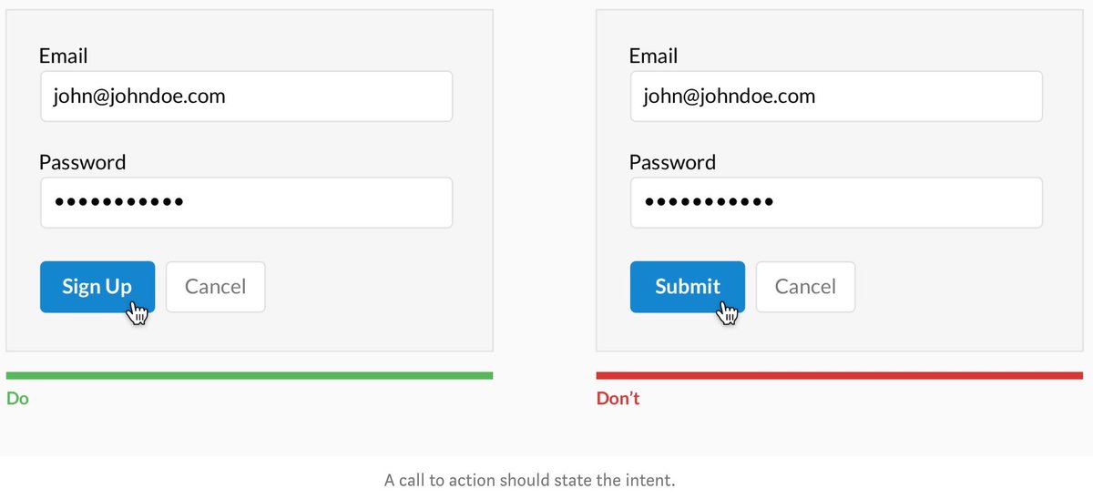 Screenshot of form examples showing descriptive and undescriptive submit button labels.