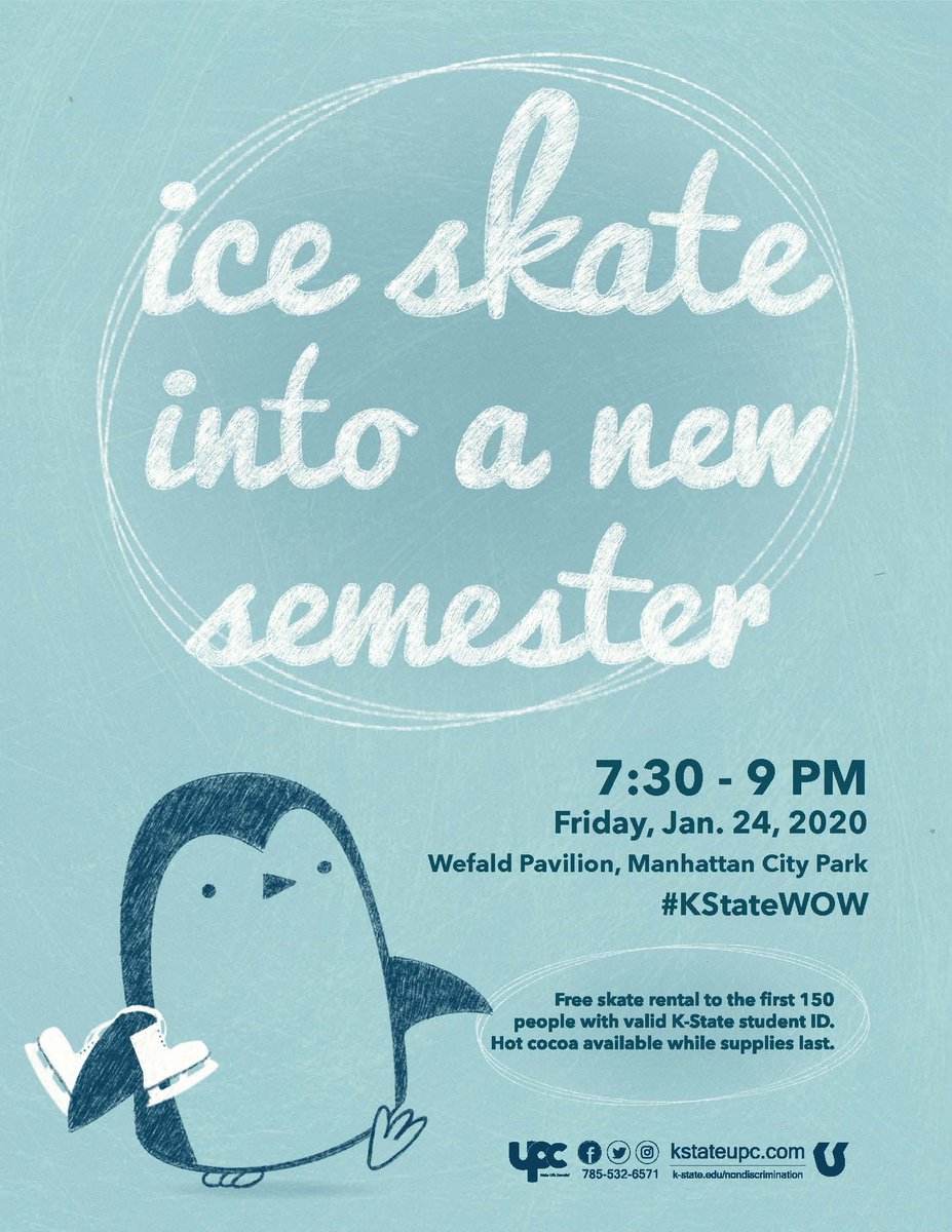 kstateUPC's tweet photo. Skate into a new semester, but first try your hand at skating at a real ice rink at City Park.  Open and FREE for K-State students only to the first 150 attendees. 7:30-9pm Fri., Jan. 24.  Skates provided.  FREE hot chocolate while supplies last. https://t.co/71VE0IWJL4
