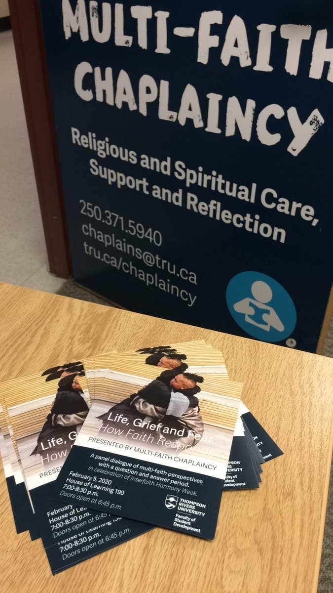 PastorJaneG's tweet photo. Check out the #multifaith panel coming up during #interfaithharmony week February 5th #Kamloops or stop by the #myTRU #OldMain OM1421 #chaplaincy office any day to talk with a chaplain. https://t.co/GJ78E8S6Eq