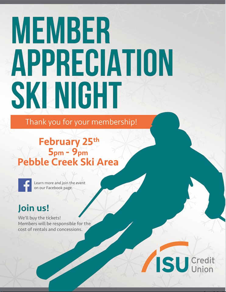 lookoutcu's tweet photo. We love our members! It's time for our annual Member Appreciation Event! Join us at Pebble Creek on February 25th from 5-9pm. Visit the FB event page for information, FAQs, and updates!
#isucu #memberappreciation #seeyouontheslopes
https://t.co/iVX1BNKh8z https://t.co/9D0wTE8YgN