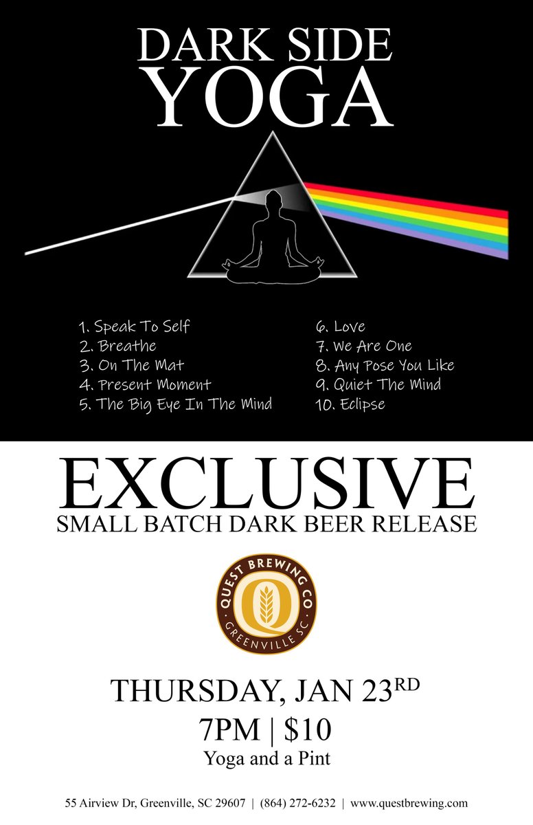 Join us tonight for Dark Side Yoga with Abbey starting at 7 pm. Flow session of yoga to the music of Pink Floyd followed by a tasty pint for just $10. Space will be limited so plan to come early to get a spot. Our Tasting Room will be open normal hours today 4-9 pm. Cheers.
