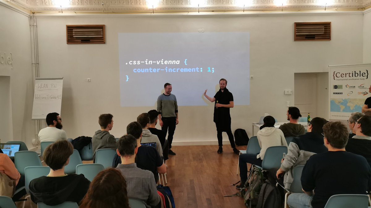 Our friends <a href="/Ansimorph/">Björn Ganslandt</a> and <a href="/mrozilla/">Mrož</a> kicking off the first CSS-in-Vienna meetup. ❤️