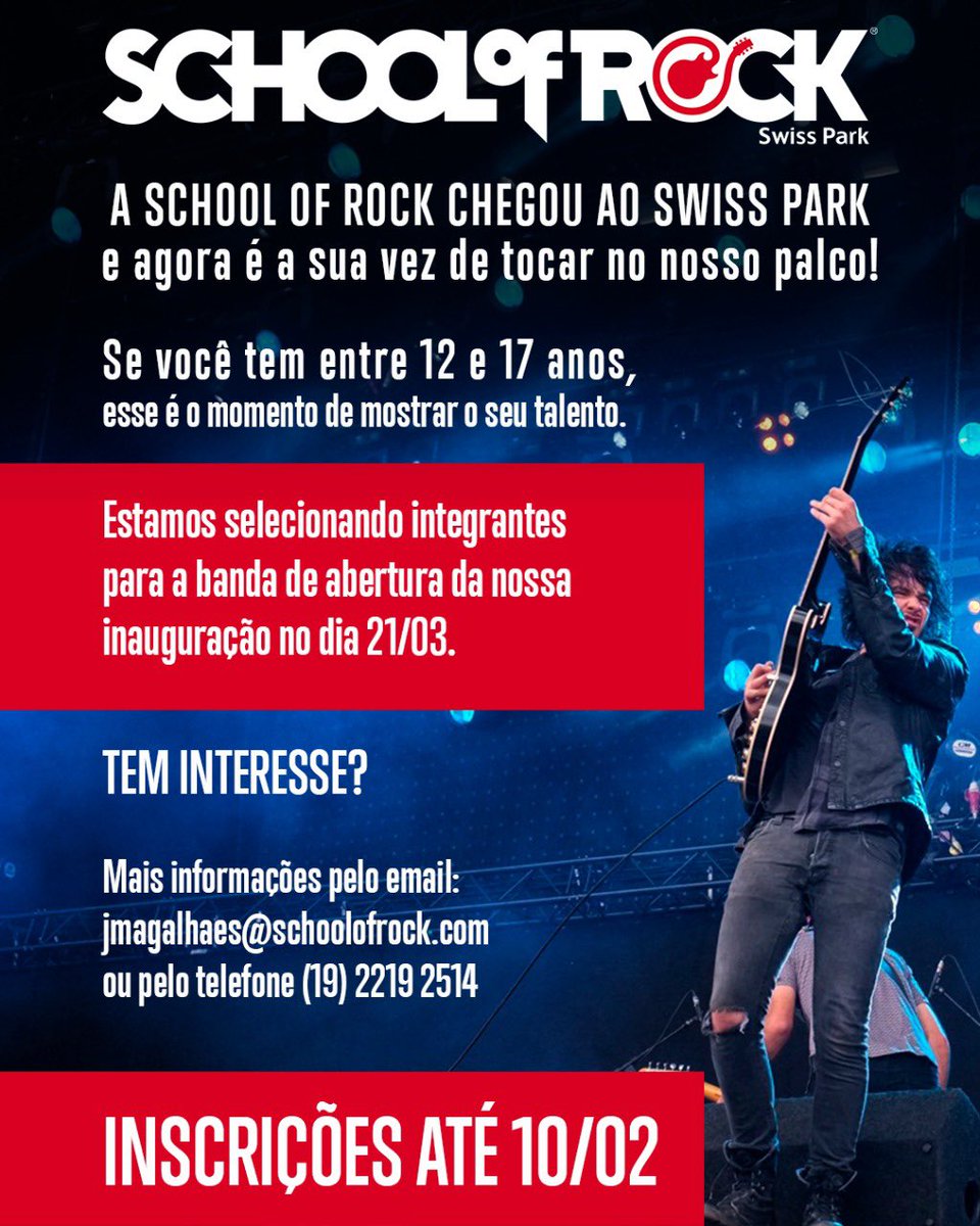 Venha tocar no Grand Opening da School of Rock Swiss Park! 🤘 #Campinas #SwissPark
