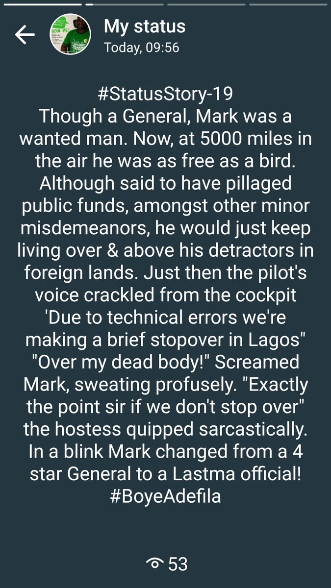 BoyeAdefilaNg's tweet photo. A new genre beckons. Join me in writing #StatusStories #WhatsAppStatusStories @Okadabooks @ghostwritingng https://t.co/2MRdkP9bB1