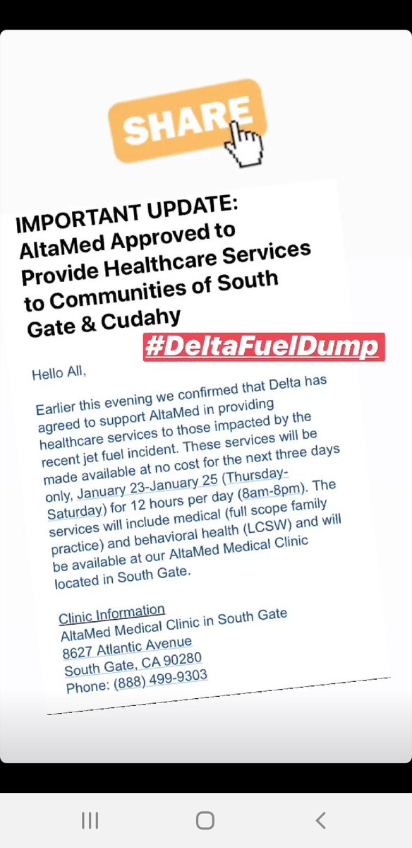 CBECal's tweet photo. Altamed Medical Clinic in South Gate is providing free of cost healthcare services to those affected by the #DeltaFuelDump for the next three days.
Via @DeniseLopezDiaz IG https://t.co/UpL8MDGoyv