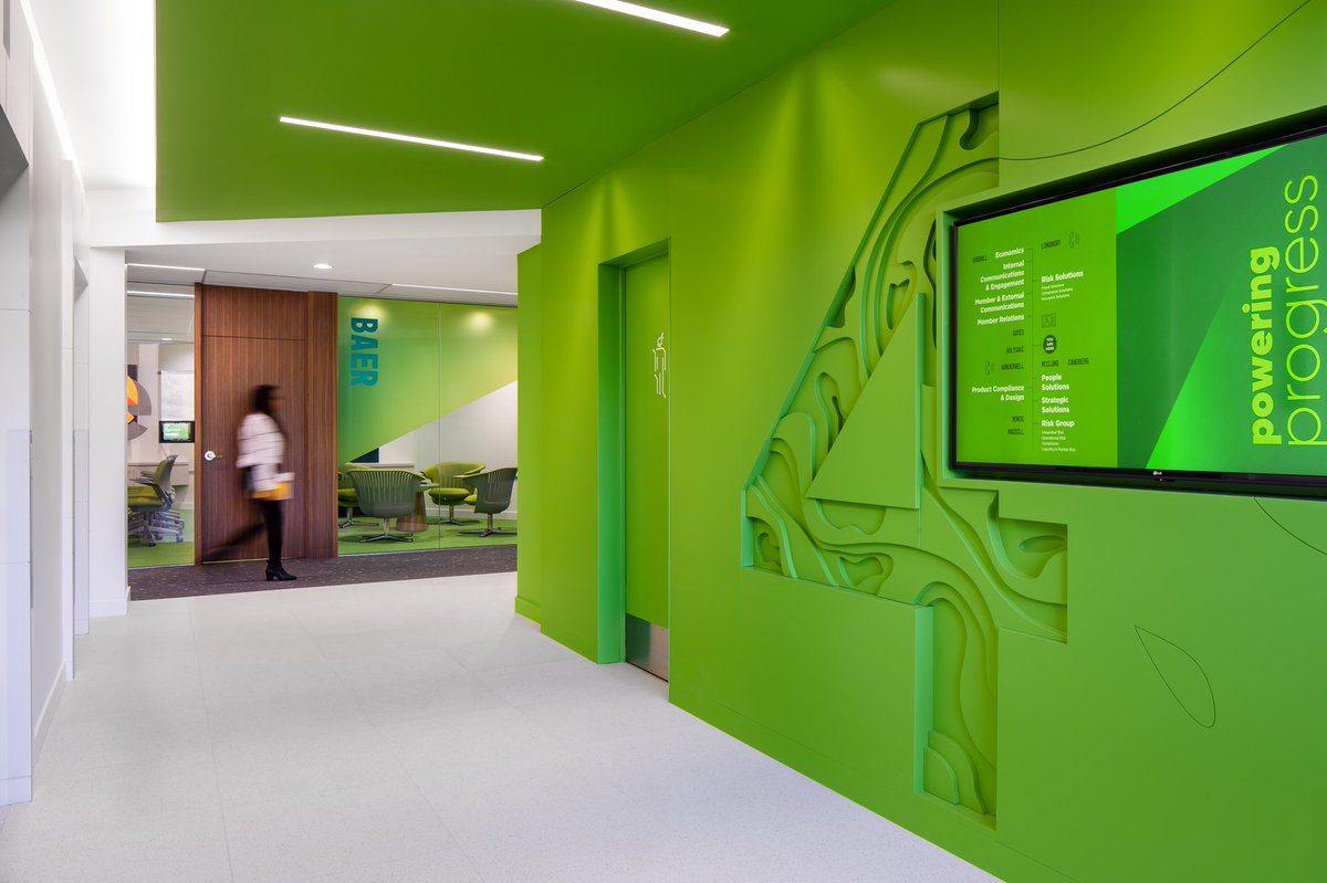 Bold colours and graphics give a sense of identity to each floor of this financial company. #interiordesign #officedesign #vancouver