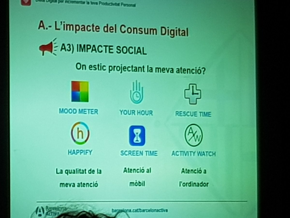 Claudia_OStory's tweet photo. How to measure your mood, reduce your negativity or focus better your attention? How many hours did you spend in specific apps? #Productivity apps suggested by @MNadalVela and @dacarbpl at @barcelonactiva today! #rescuetime #activitywatch #yourhour #screentime https://t.co/r6Rl7ZSBqB
