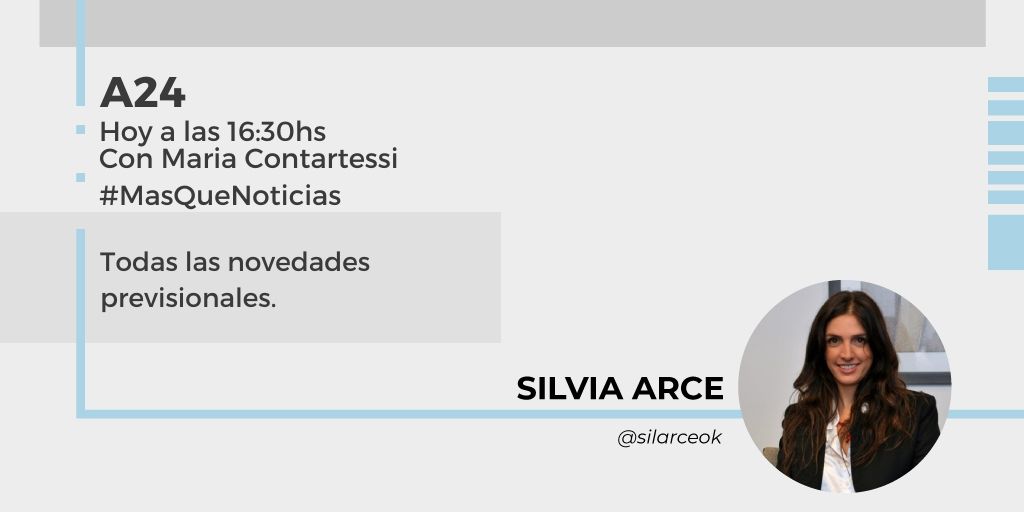 jubilarnoscom's tweet photo. HOY 16:30hs no te pierdas a la Dra. @silarceok en #MasQueNoticias con @MarianaContar por @A24COM . Todas las novedades previsionales #Jubilados #Anses https://t.co/YET4s3Pe9e