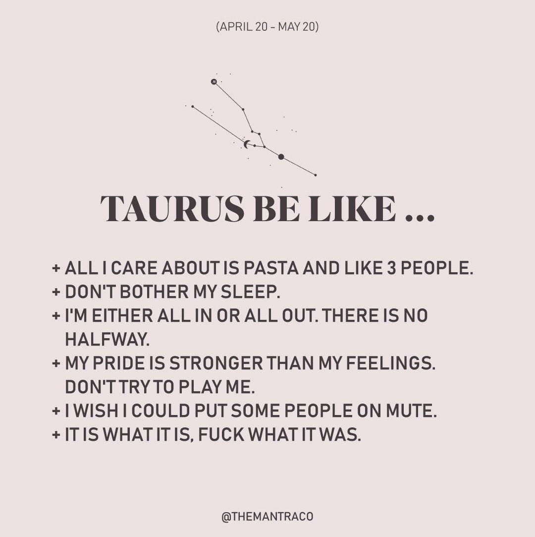 themantraco's tweet photo. RT if youβre a #Taurus β¨
#zodiac #zodiacsigns #taurusmeme #taurustraits https://t.co/kvn7JDgkRT