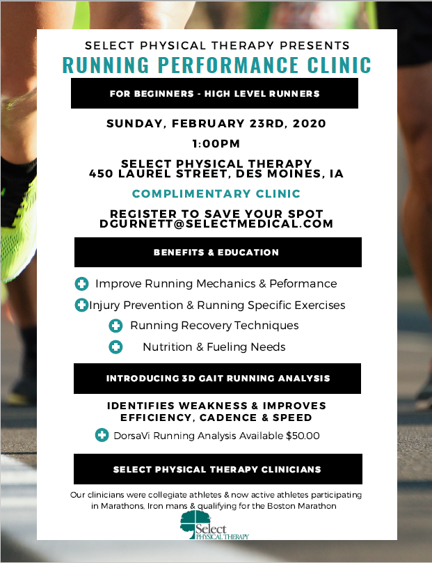 Iowa_Ortho's tweet photo. Our friends at @select_pt are hosting a complimentary running performance clinic! This event is for runners of any level to learn about recovery techniques, injury prevention, and much more. Join their team of clinicians on February 23rd at 1pm for this awesome event!👏👟 https://t.co/HTz9O4WouK