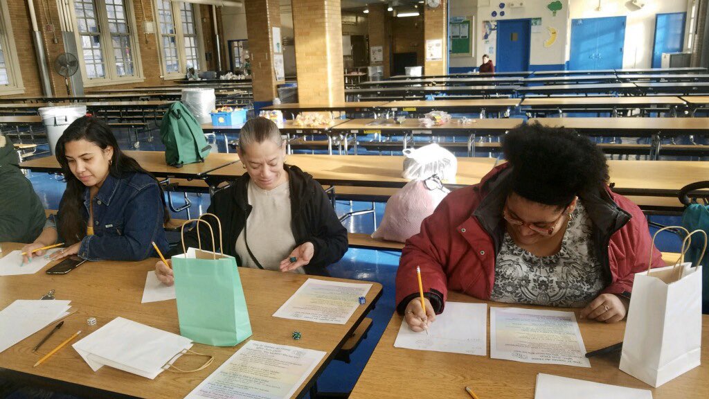 BronxSchool's tweet photo. Today's Parent Breakfast~ With our math coach Ms. Goodspeed, parents partner up to play "Top It". Parents were given bags of math games to play at home with their children.  The Family School appreciates the collaboration with families. https://t.co/eRwZwqSYN1