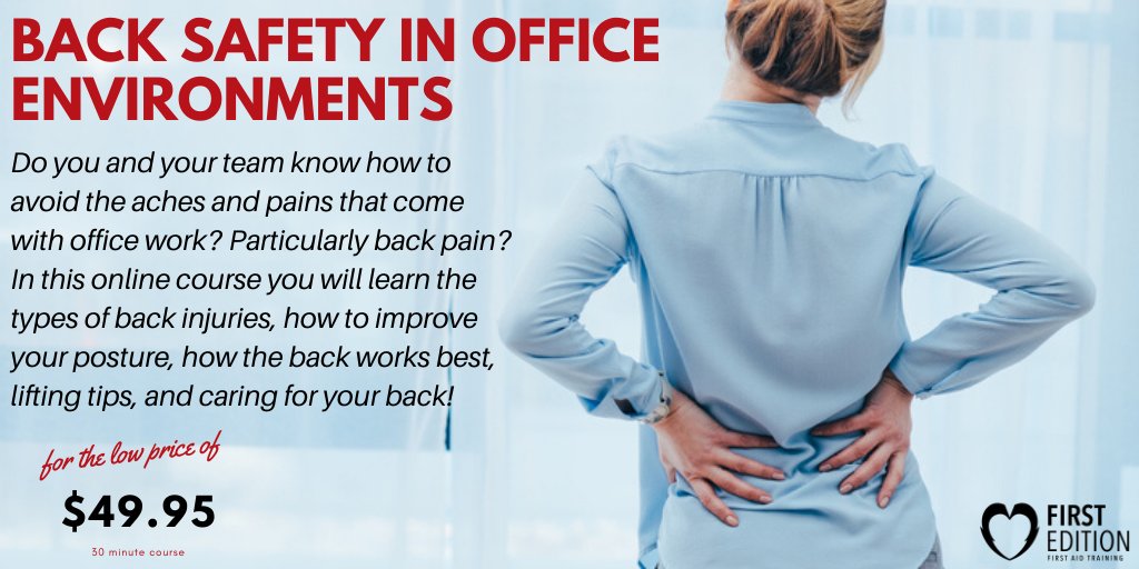 FirstEditionAED's tweet photo. According to @NCBI 2/3 adults suffer from #lowerbackpain in their lifetime.
Will it be your team? #Prepare for a year of #safetymoments and #prevention with the #BackSafety in Office Environments #onlinecourse!
https://t.co/rZuWsTpP1q
#ergonomics #backpain #officesafety #OHS https://t.co/WSBCZUcwvx