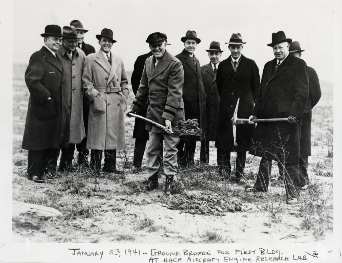astrocampva's tweet photo. #TBT 1941 groundbreaking ceremony at the NACA Aircraft Engine Research Laboratory. William R. Hopkins – Cleveland City Manager from 1924-1930, was personally responsible for planning and acquiring the land for the Cleveland Airport. #astrocampva #airport #flight 
Credit: #NASA https://t.co/I0EviyOEXd