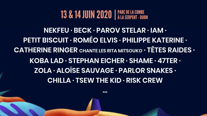 dijon's tweet photo. 🤩 Nekfeu, IAM, Philippe Katerine, Beck, Catherine Ringer, Petit Biscuit, Roméo Elvis, Stéphane Eicher… 
#Dijon accueille la deuxième édition du @Vyv_Festival les 13 et 14 juin 2020 sur le site de la Combe à la Serpent.
La programmation : 
👉https://t.co/ShWCe0fIm1 https://t.co/9l3uk8PGvB