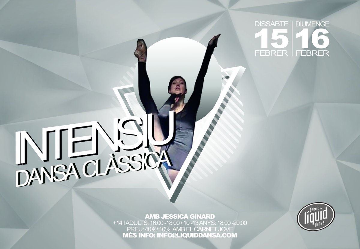 📌 Curs intensiu de dansa clàssica

💃 Jessica Ginard

📆 Dates: 15 i 16 de febrer

Grups:
+14 i adults: 16:00-18:00
10-13 anys: 18:00-20:00

Preu: 40€ (1 sessió: 25€) - 10% descompte amb el Carnet Jove

+info: liquiddansa.com/dansa-classica…