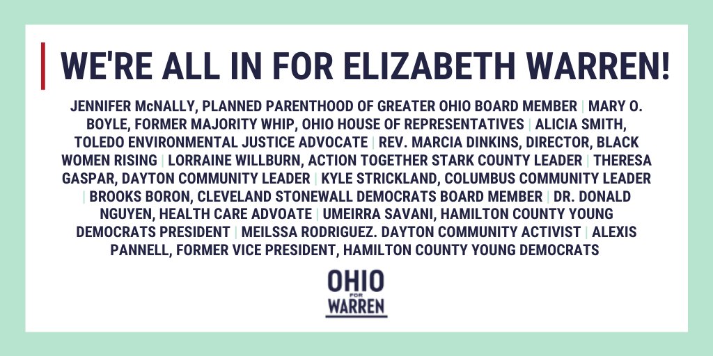 AnnaBrichacek's tweet photo. We're honored to welcome so many activists and community leaders to the @ohioforwarren team. They know that @ewarren stands shoulder to shoulder with them in the fight for environmental, reproductive, and racial justice, LGBTQ rights, and healthcare for all here in Ohio. https://t.co/zHcGi6SlhV