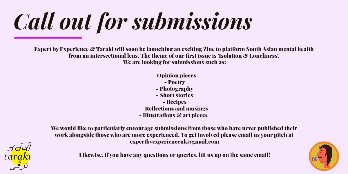 Call out for submissions 🚨

We &amp; @_taraki__ are in the process of launching a zine dedicated to platforming South Asian mental health from an intersectional lens!💛(exciting!)

We're now ready to start taking submissions, if you're interested drop us an email 🌱

Please do RT!