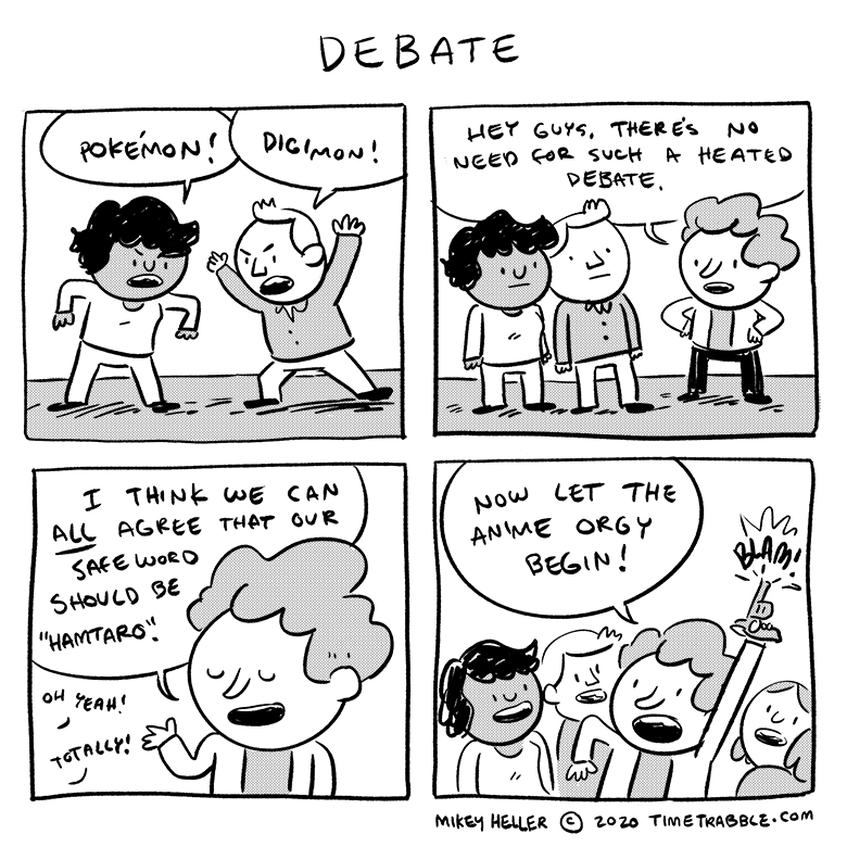 hello, as of today i've drawn a comic everyday for a year. imposter syndrome stopped me from drawing for a long time but now i've kicked that syndrome's ass. i love drawing dumb comics about sad robots and wholesome pervs. here's one about a debate. 
