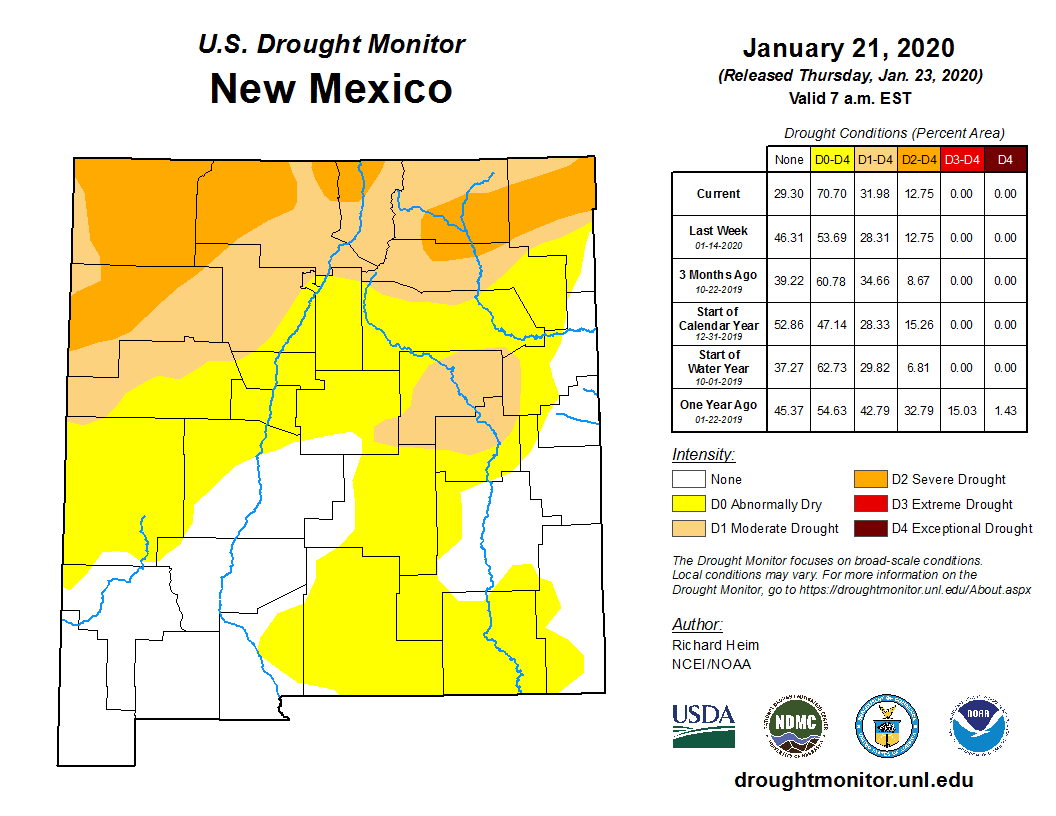 NOAANCEI's tweet photo. January 21: Abnormal dryness expanded into southeast New Mexico, and moderate drought was added to the east central part of the state. https://t.co/hs7rCpQMsY #DroughtMonitor #NMex #NMdrought https://t.co/YvdWFVQPdo