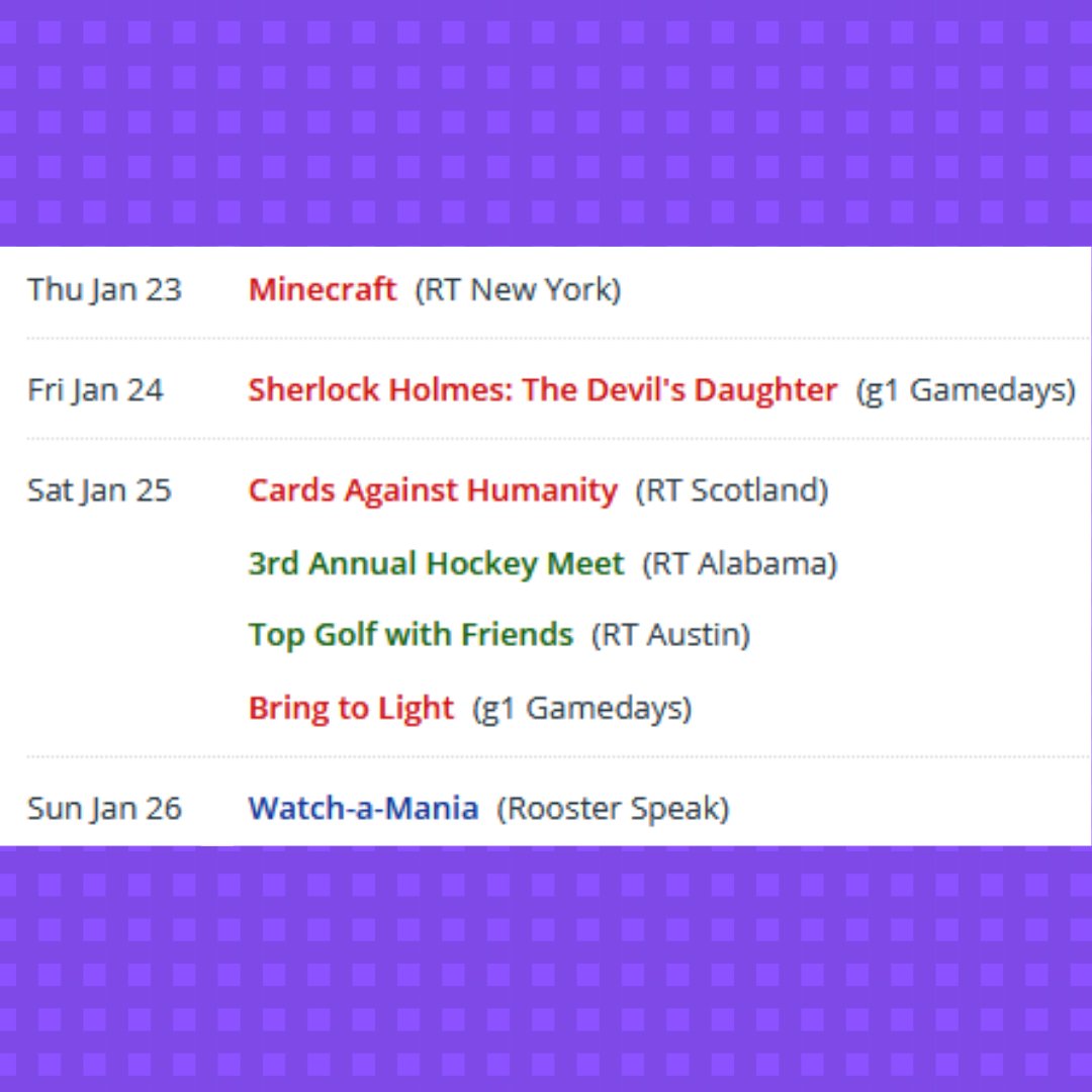 RTW_Community's tweet photo. Spend the weekend with the #RTCommunity doing these #RTCommunityEvents! Go hang out with @RTNYCommunity @g1_Gamedays @RTScots @RT_Alabama @RTAustinTX and @RoosterSpeak
Details & Times: https://t.co/rlwhIOcCti #RTWCC https://t.co/3SQzdctS5e
