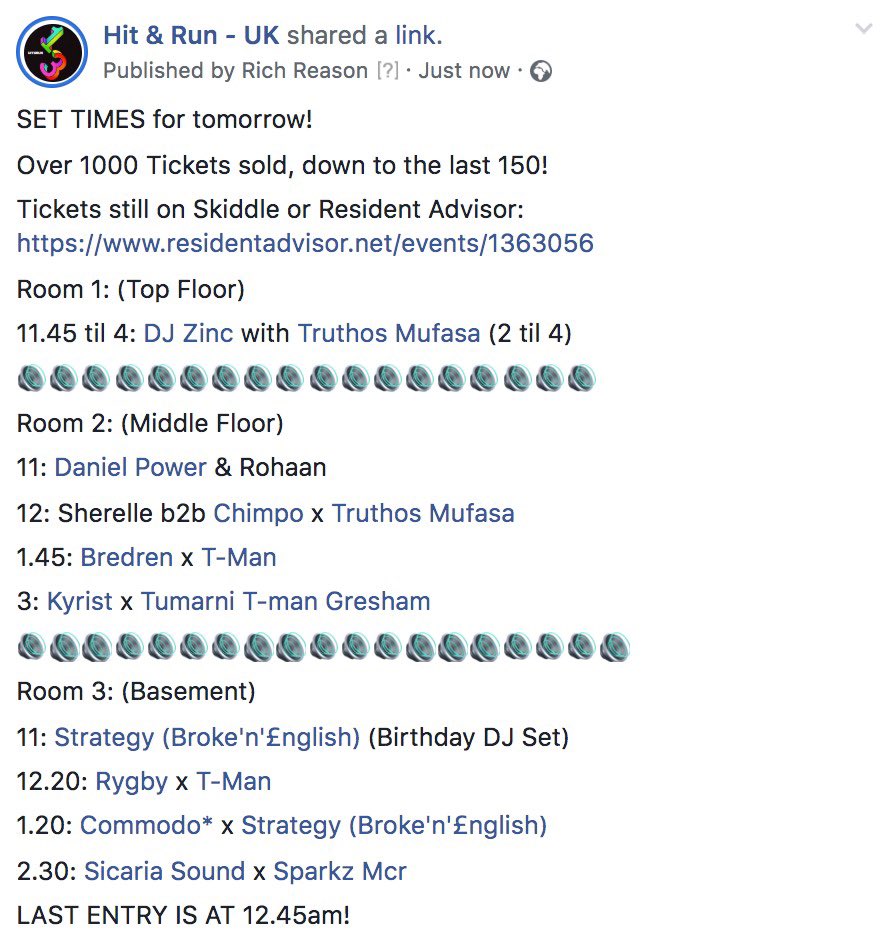hitandrunuk's tweet photo. SET TIMES for 1st HIT &amp; RUN at @HiddenClubMCR of 2020!

Less than 150
Tickets now left until we sell out: https://t.co/7yXX1f8E85

@BBCR1’s @iamsherelle b2b with Chimpo 4 the 1st time, Dj ZINC all night &amp; much more across 3 floors 🖤

#DnB #drumandbass #dubstep #Bass #BassMusic https://t.co/CytfCZNQXK
