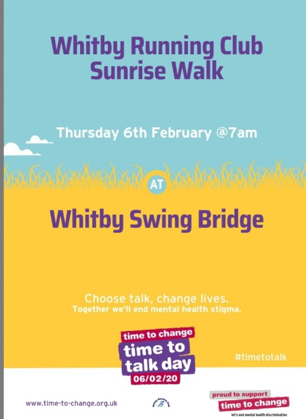 Join us for our sunrise walk to help recognise 'Time to Talk' day and promote the benefits of how regular physical activity and also being part of a social group can improve your mental well being. The walk will be approx 3 miles with a refreshment stop at the end <a href="/TimetoChange/">Time to Change</a>