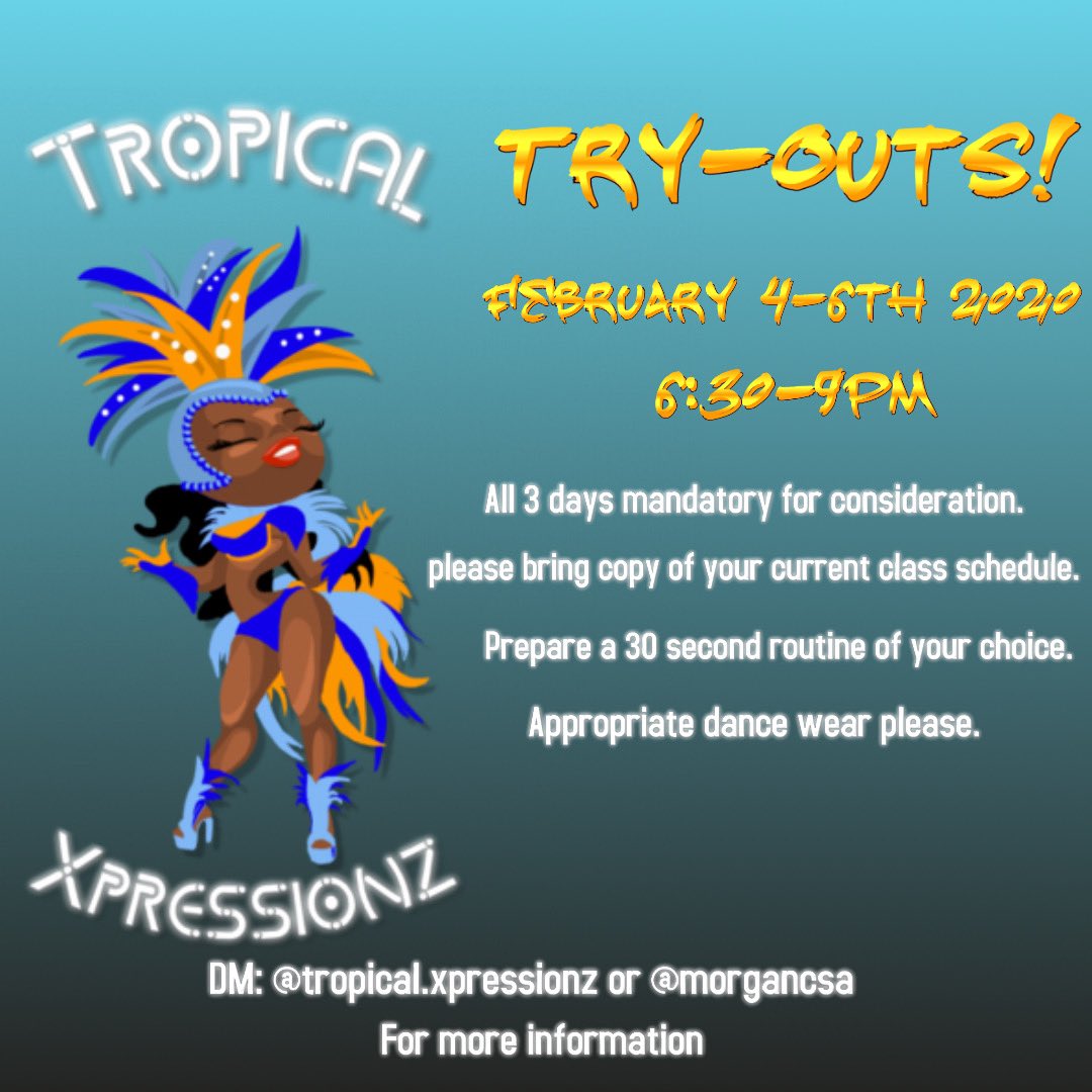 Morgan_CSA's tweet photo. EXTRA EXTRA ‼️ Tropical Xpressionz is giving you the one and ONLY chance to try out this semester. Wuk up with the wickedest whiners on campus 💃🏾💃🏾 Don’t ask us later when you see us pop out 👀 LOCATION: TBA. Watch our story @tropical.xpressionz on IG for more info https://t.co/290JI92yuU