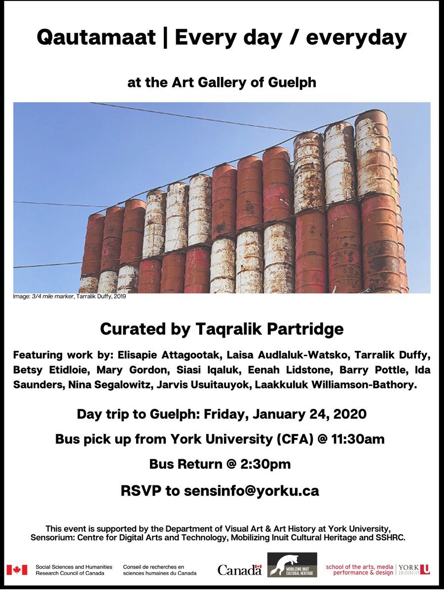 Want to join us on our first day trip?! TOMORROW we are going to <a href="/AGGuelph/">Art Gallery of Guelph</a> to see their new exhibit Qautamaat | Every day / everyday. Bus will pick up any interested parties at 11:30AM at CFA and will return to campus at 2:30PM. Email Alanna at sensinfo@yorku.ca to save a spot!