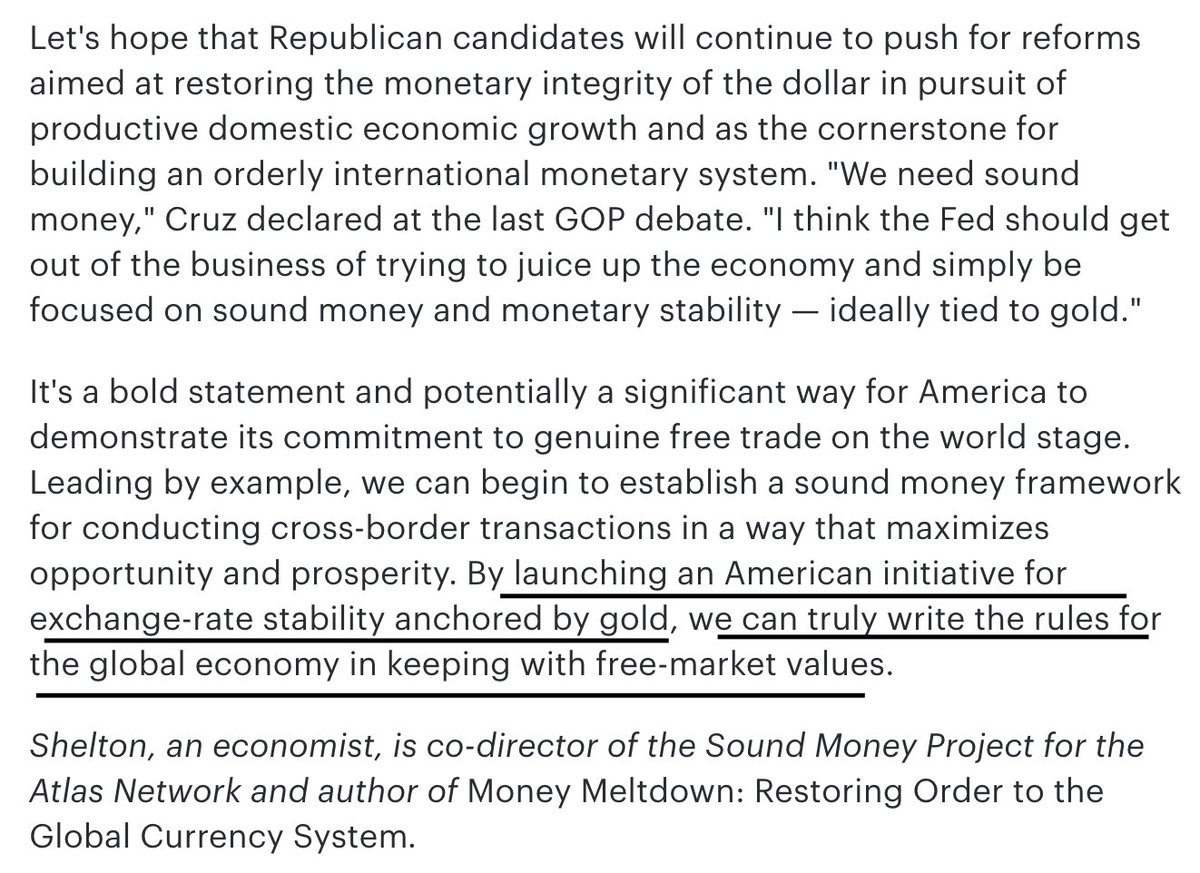 2015 oped "By launching an American initiative for exchange-rate stability anchored by gold, we can truly write the rules for the global economy in keeping with free-market values."  https://thehill.com/blogs/pundits-blog/finance/258815-a-new-sound-money-movement-for-the-gop#.Vj47Y5vTIAo.twitter