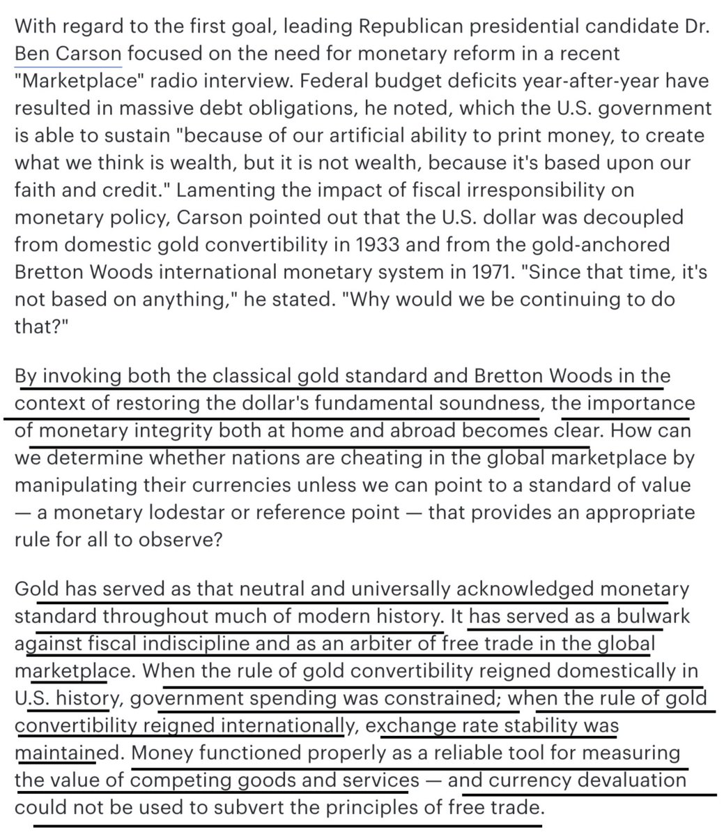 2015 oped "By launching an American initiative for exchange-rate stability anchored by gold, we can truly write the rules for the global economy in keeping with free-market values."  https://thehill.com/blogs/pundits-blog/finance/258815-a-new-sound-money-movement-for-the-gop#.Vj47Y5vTIAo.twitter