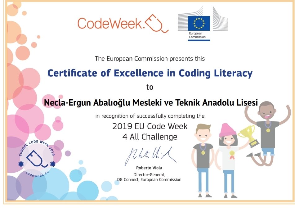 birsen_durmaz20's tweet image. Necla-Ergun Abalıoğlu MTAL eTwinning Kulübü ve Bilişim Teknolojileri Alanı işbirliği ile yapılan 2019 Avrupa Kod Haftası etkinliklerimiz mükemmellik sertifikasıyla ödüllendirilmiştir.
@denizlimem
@neclaergunMTAL
@senolcaglayan
@tretwinning
@CodeWeekEU #Codeweek4AllChallenge.