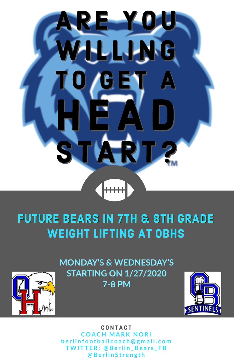 Berlin_Bears_FB's tweet photo. Just a remainder that middle school lifting will begin next week at 7:00 PM at OBHS. We hope to see you there! #Local3140 https://t.co/uDoufVOpTo
