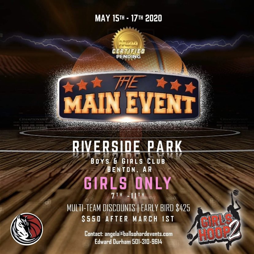 ballsohrd_event's tweet photo. 2nd Annual Main Event at Benton Riverside Complex Set For May 15th-17th In Benton, AR 8 Courts Register Today at https://t.co/YW0E1X1Aik use Promo Code EB300 To Receive $300 Entry At This Time #MainEvent2020 @ArBallers @NEABanditElite https://t.co/fG4DcPu7T9