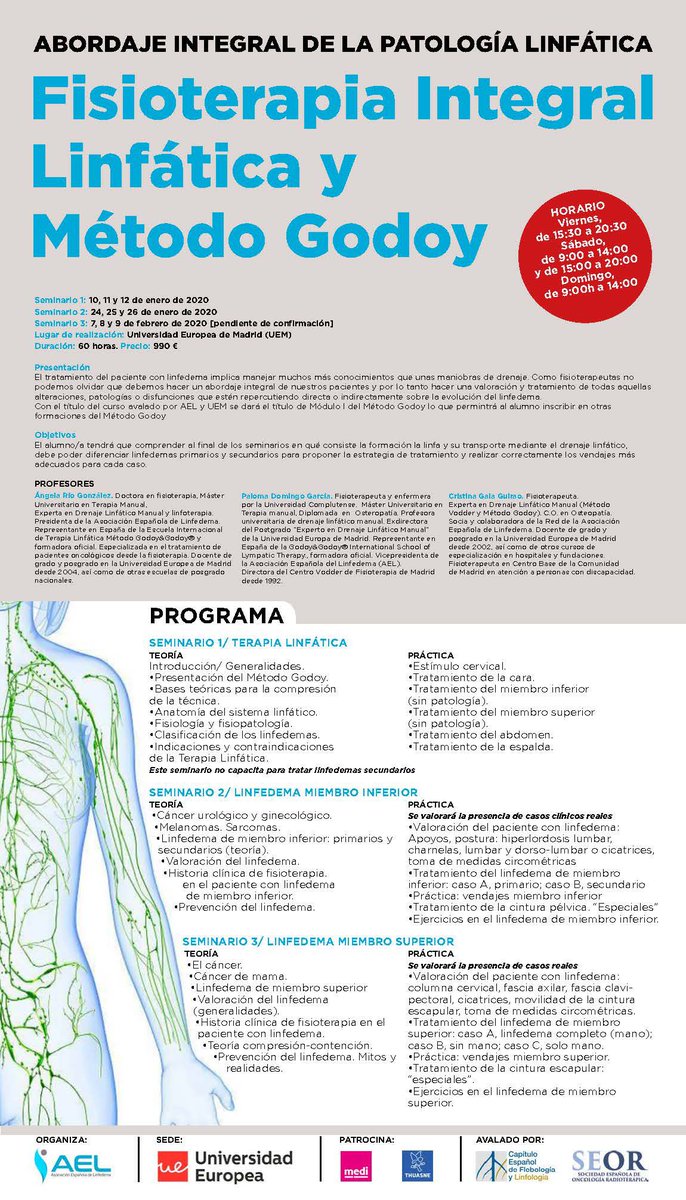 Mañana, segunda sesión del curso sobre 'Fisioterapia Integral Linfática y Método Godoy', que organiza <a href="/AELinfedema/">A.E.L</a> y en el cual colaboramos. 😊

En esta ocasión, el tema será el linfedema en el miembro inferior.

📅 24, 25 y 26 de enero.
📍 Universidad Europea de Madrid (UEM).