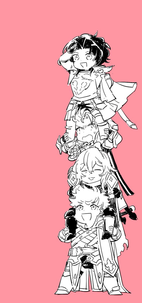 pink background multiple boys open mouth shoulder carry armor short hair carrying  illustration images