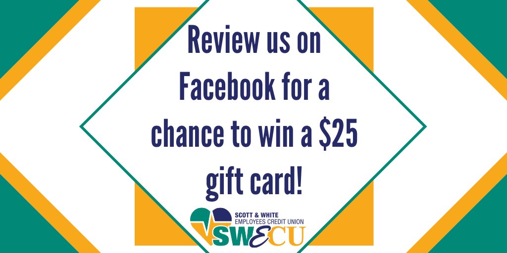 scottwhiteecu's tweet photo. You can win a $25 gift card! That's right! If you leave us a Facebook review, you will be entered into a drawing to win a $25 gift card! Don't miss out on this chance to win some FREE money! Contest ends on January 30th.

Click here: https://t.co/dcWkP1QI4R

#FBreview https://t.co/orrw9TTmJG