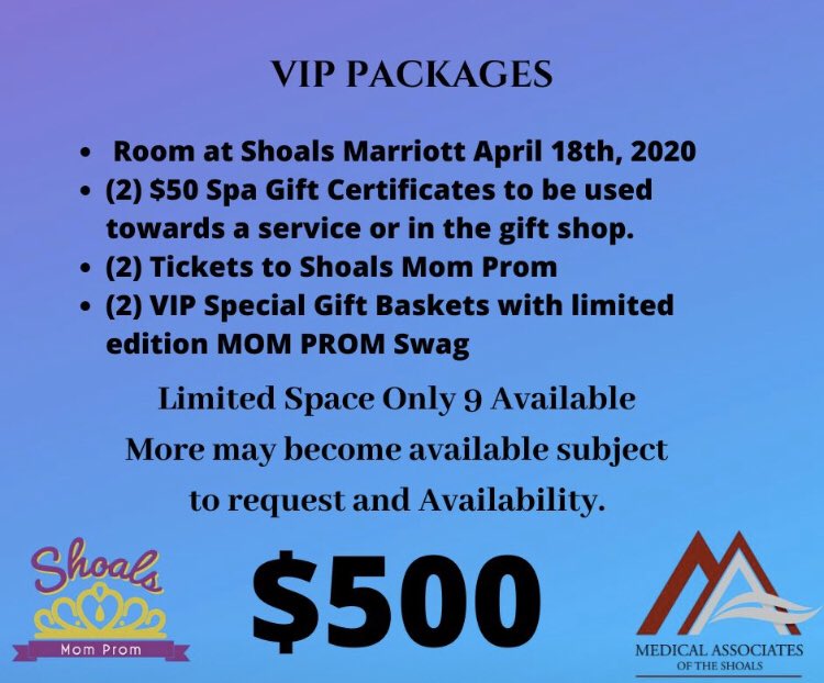 shoalsmomprom's tweet photo. @MarriottShoals worked with us to provide this awesome package for a limited number of VIPs! Use code MOMPROMVIP now thru 1/25/2020 to get 75$ off of the total package! #ShoalsMomProm2020 #ShoalsMomProm #MomProm #SaferBirthinBama #Fundraiser https://t.co/yDWt2A86ht
