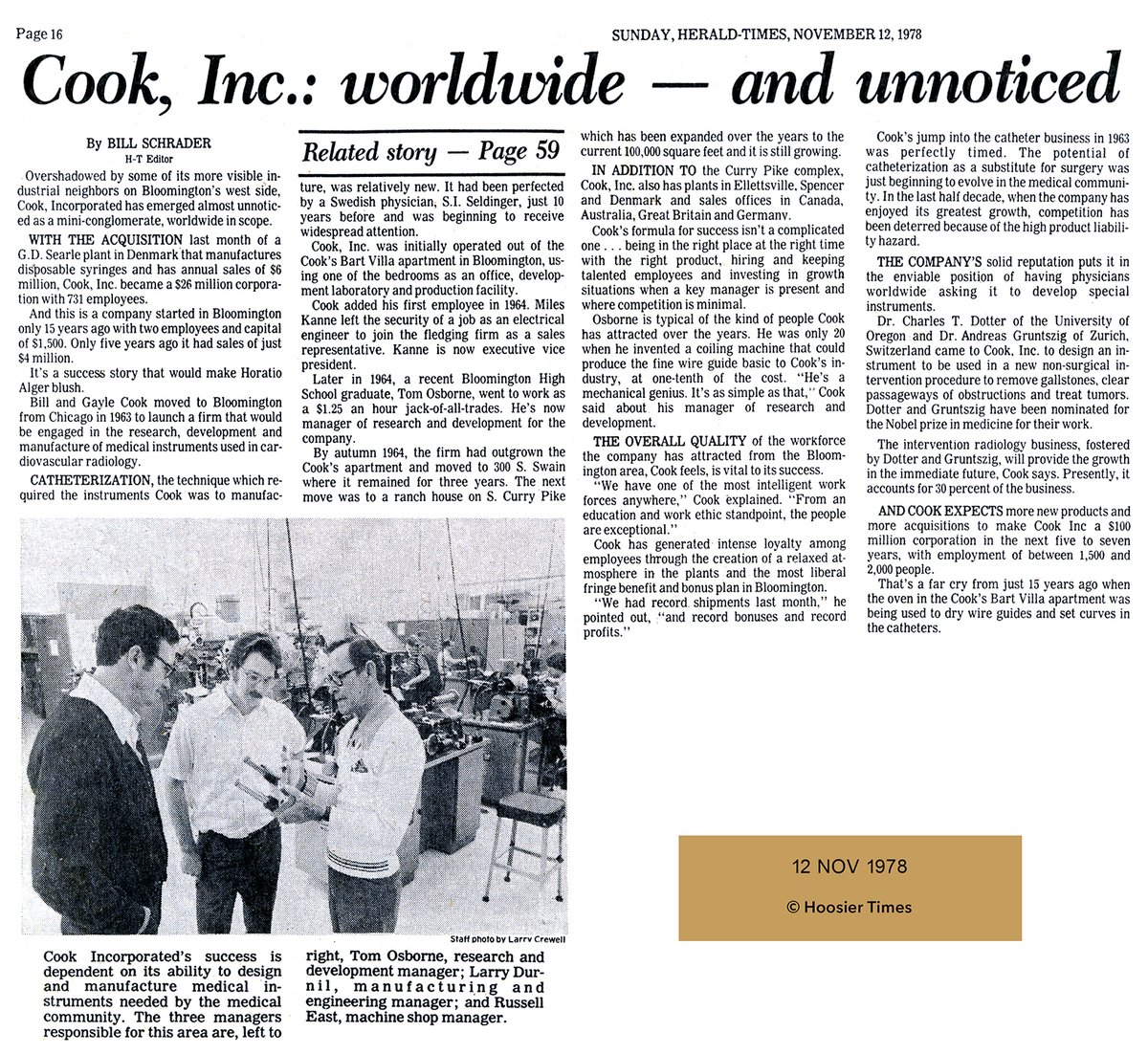 CookMedical's tweet photo. #TBT to a 1978 article in the @theheraldtimes about Cook Medical! #CookHistory #VisitBtown #HeraldTimes https://t.co/HhDuoQK7qx