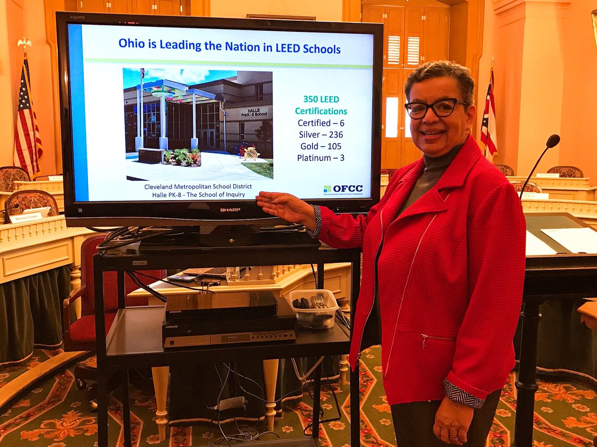 Ohio_OBM's tweet image. A successful afternoon at the @OHFacilities meeting as Ex. Director Lyman reports Ohio’s 350th LEED-certified school is CMSD’s Halle PK-8. #OFCC #TeamOhio!