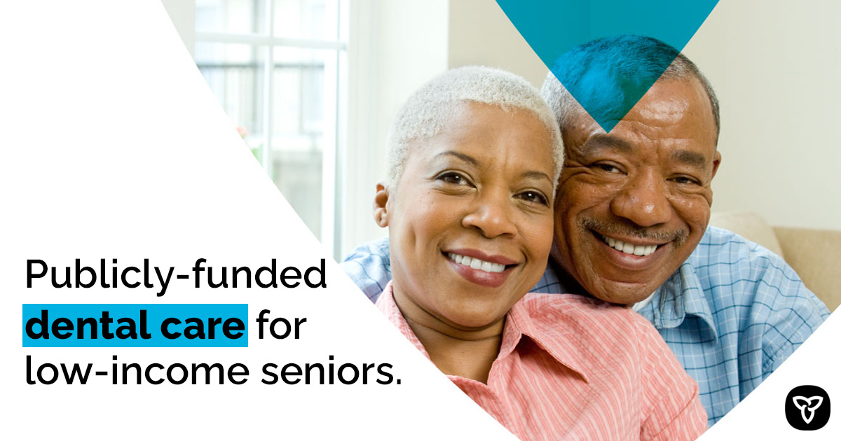Two older adults sitting together smiling. Text on the image reads “Publicly-funded dental care for low-income seniors.”
