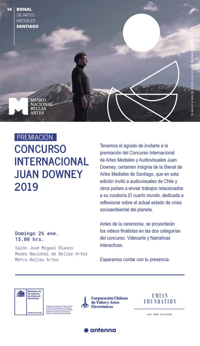 MNBAChile's tweet photo. Este fin de semana, la #14Bienal de Artes Mediales regresa al #MNBA, con la premiación del Concurso Juan Downey, que distinguirá a las mejores producciones audiovisuales inspiradas en la curatoría de este año, #ElCuartoMundo. ¡No te lo pierdas!
📌 Domingo 26 de enero, 15:00 hrs. https://t.co/yVdKAaAZuq
