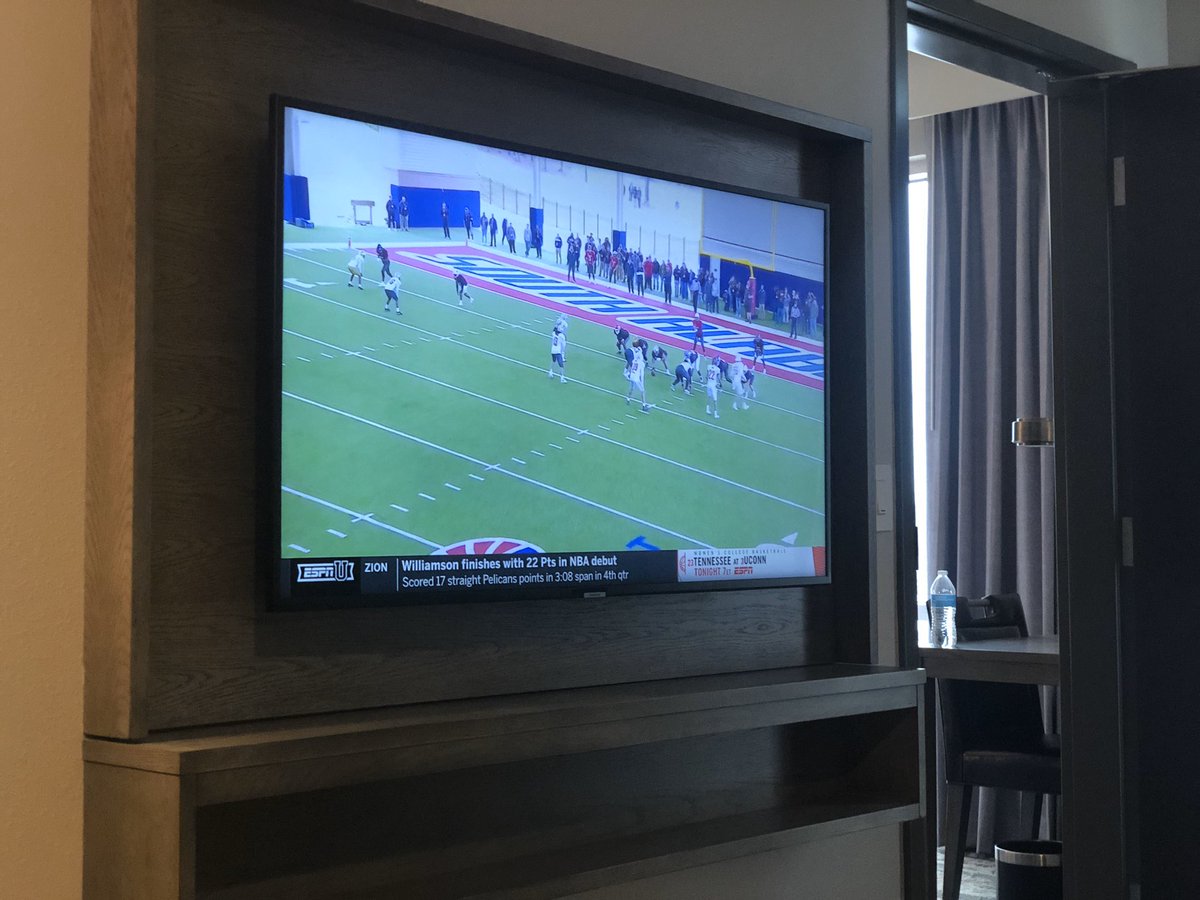 JTCrabtreeUSA's tweet photo. Doing work in the hotel room and look up to see a big “South Alabama” on the screen! Great having @seniorbowl on campus for practice today! #GoJags #OneMobile https://t.co/P2HDo27Xpr